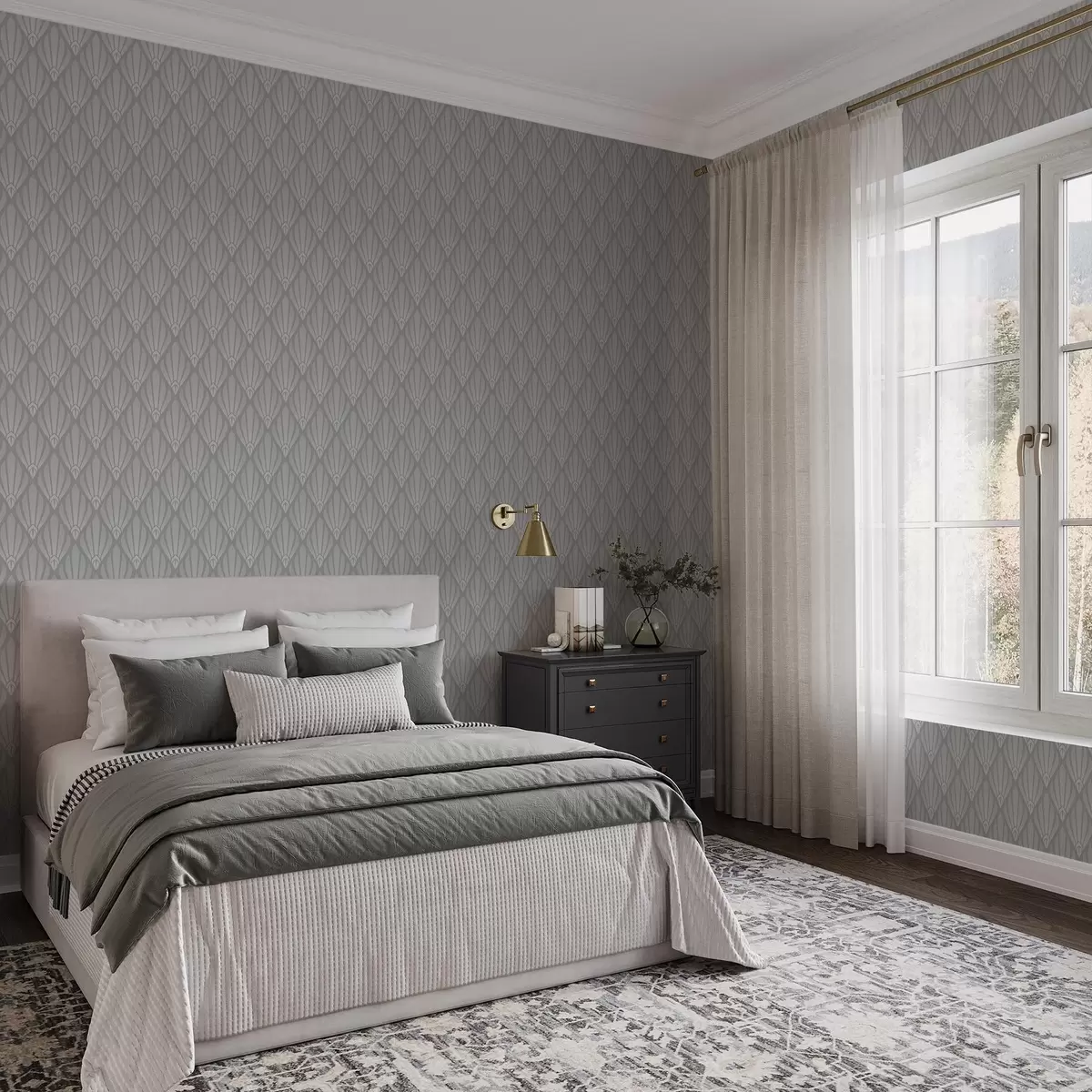 Ταπετσαρία Γκρι Art Deco με σχήματα βεντάλιας a01064