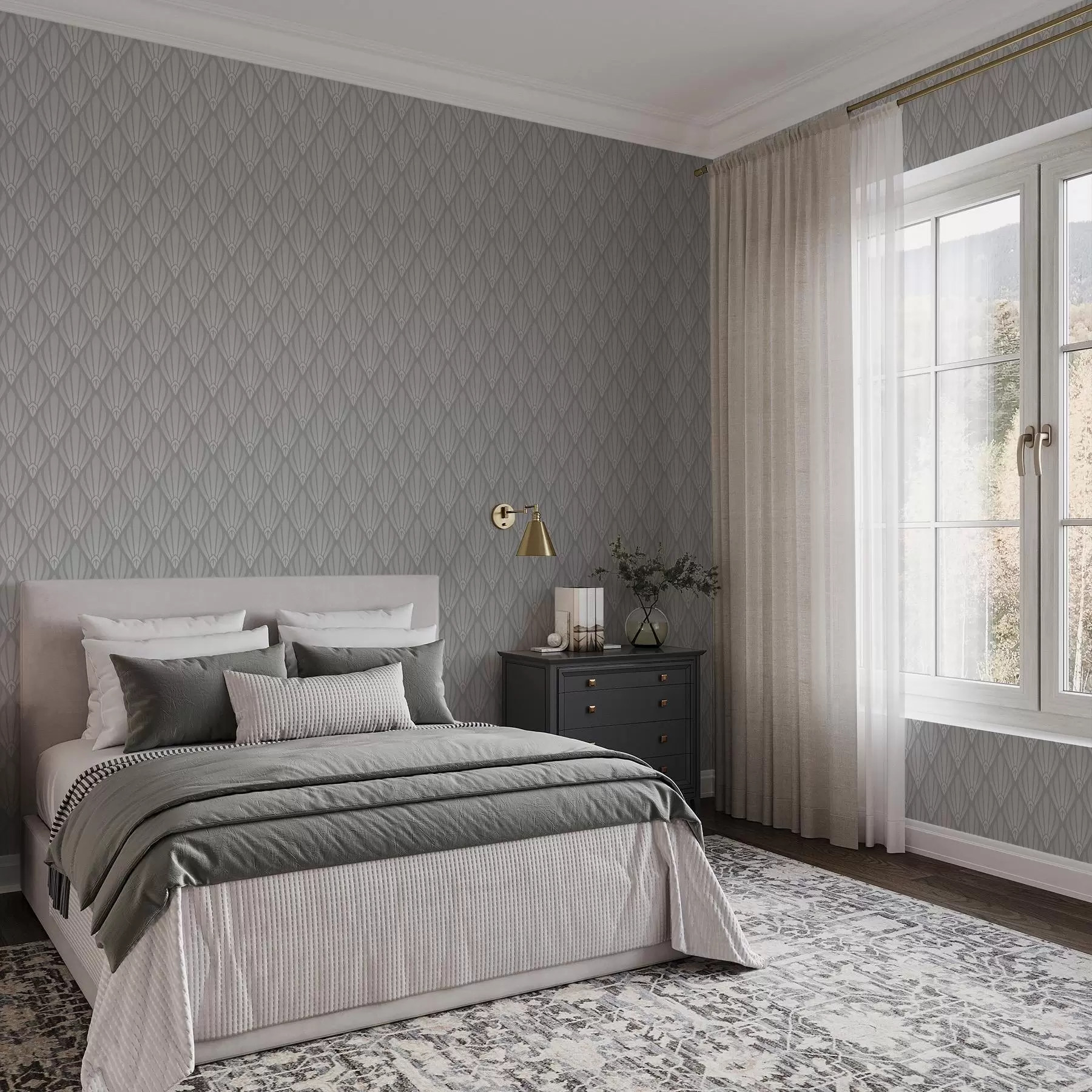 τοιχογραφίες Γκρι Art Deco με σχήματα βεντάλιας a01064