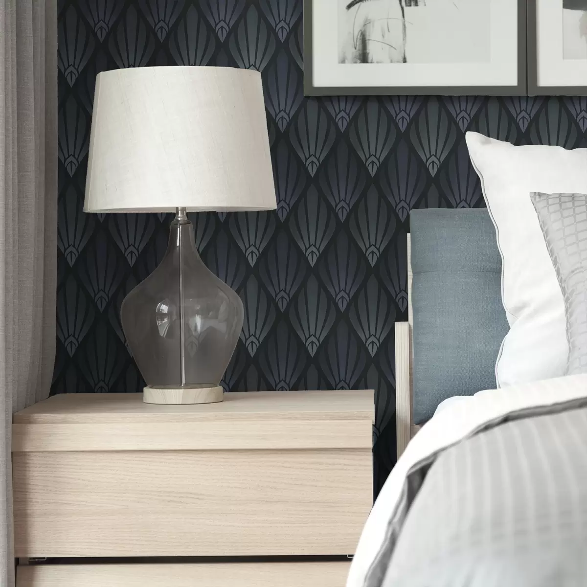 Ταπετσαρία Δροσερό μπλε-γκρι Art Deco με σχήματα βεντάλιας a01064v3