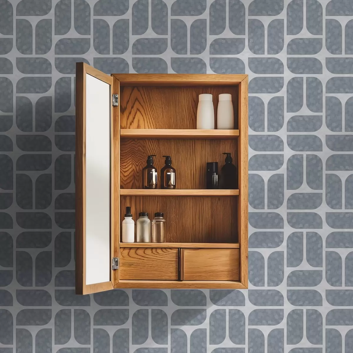 Ταπετσαρία Γκρι μωσαϊκό με εναλλασσόμενα στρογγυλά και ορθογώνια σχήματα a01069