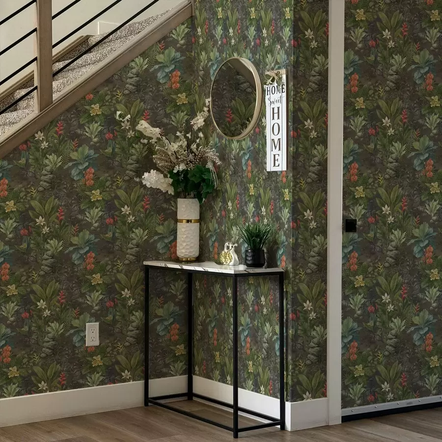 τοιχογραφίες Σκοτεινός τροπικός κήπος με φωτεινά λουλούδια και φυλλώματα a01079