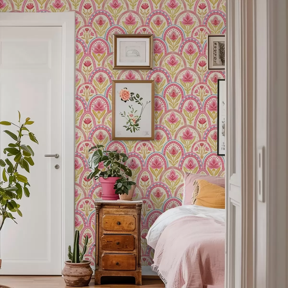 Ταπετσαρία Αψίδες με ροζ λουλούδια σε λαϊκό μοτίβο a01080