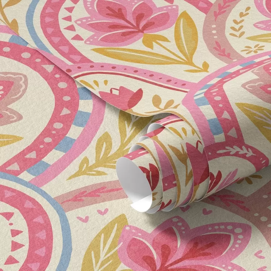 τοιχογραφίες Αψίδες με ροζ λουλούδια σε λαϊκό μοτίβο a01080