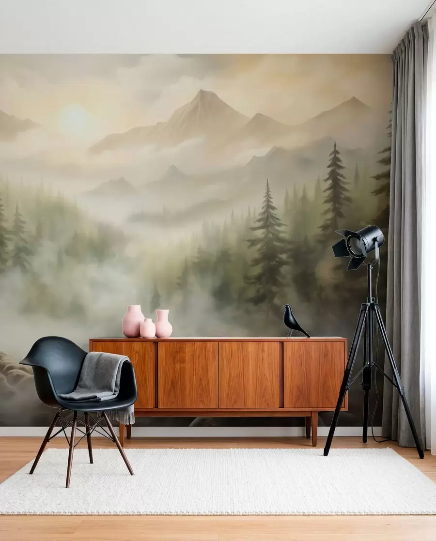τοιχογραφίες Δάσος στην ομίχλη με φόντο τα βουνά w04730