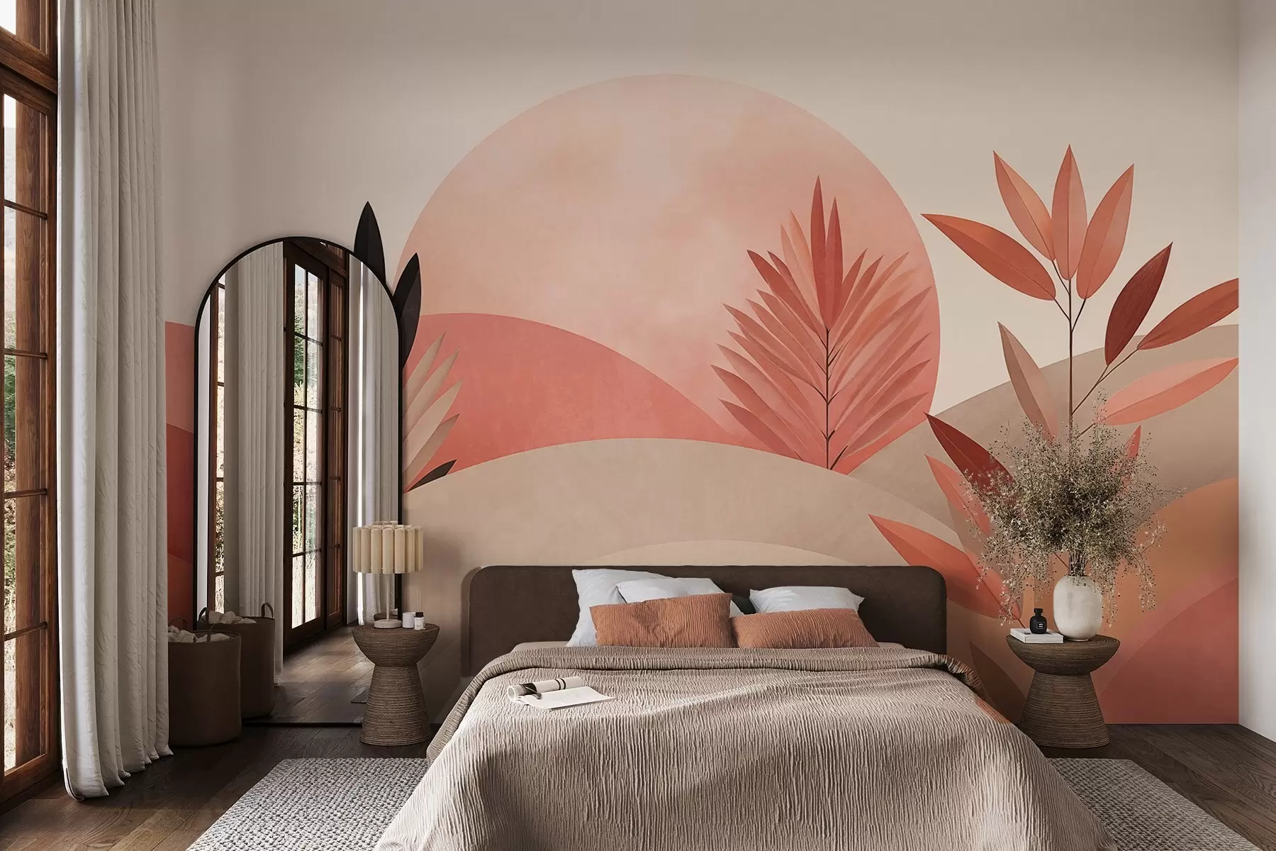 τοιχογραφίες Αφηρημένο τοπίο σε στυλ μποέμ, ήλιος πίσω από κυματιστούς λόφους, φυτά στο προσκήνιο, μινιμαλιστικό, υφή, απαλά χρώματα w09608