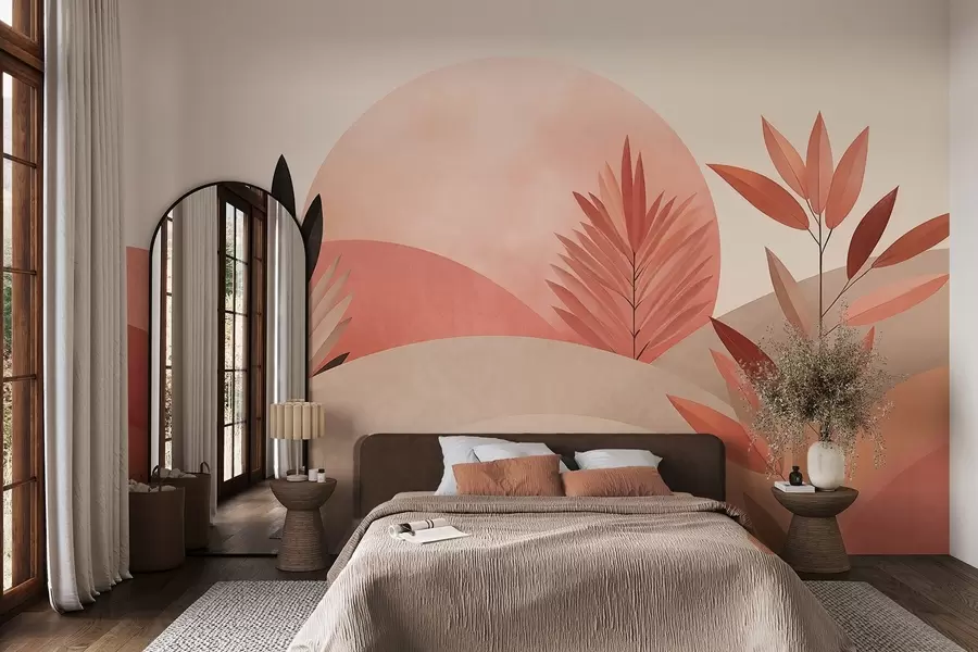 τοιχογραφίες Αφηρημένο τοπίο σε στυλ μποέμ, ήλιος πίσω από κυματιστούς λόφους, φυτά στο προσκήνιο, μινιμαλιστικό, υφή, απαλά χρώματα w09608