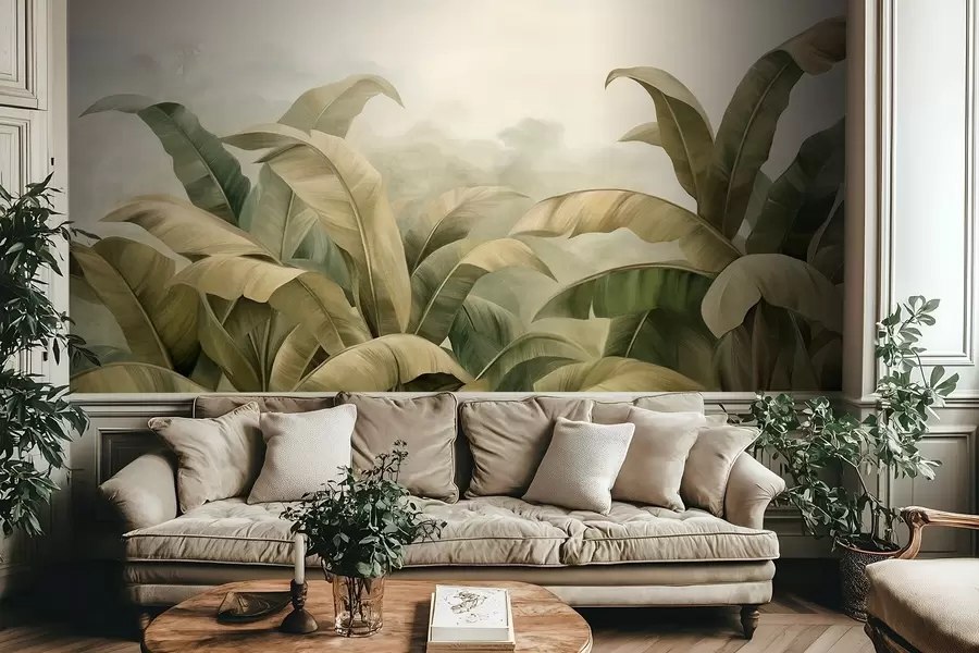 τοιχογραφίες Πυκνό τοπίο ζούγκλας με υφή και μεγάλα φύλλα μπανανιάς σε απαλούς τόνους πράσινου και μπεζ w09613