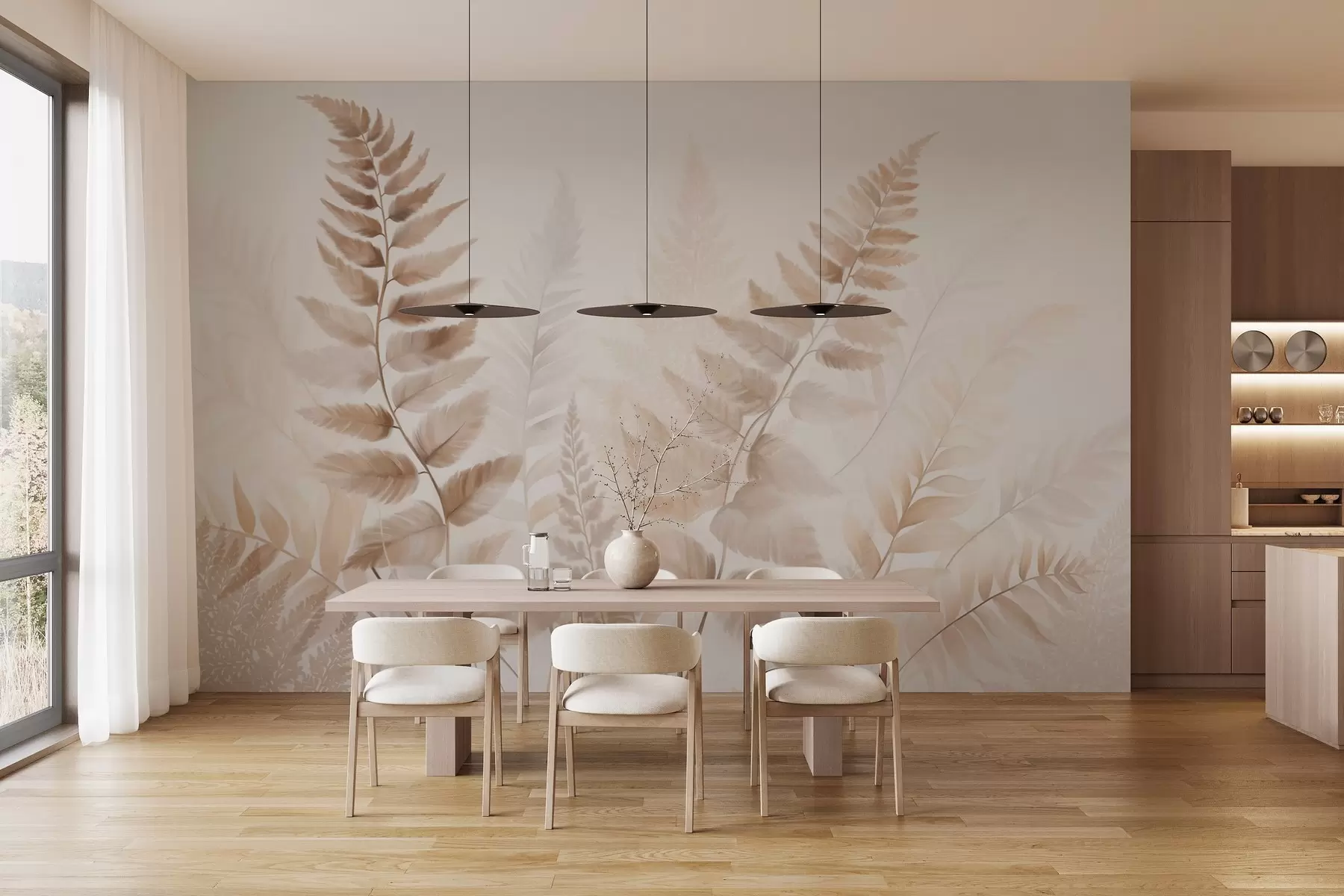 τοιχογραφίες Αποξηραμένα φύλλα φτέρης με υφή σε διάφορες αποχρώσεις του καφέ, με απαλό, ανοιχτό φόντο σε στυλ ακουαρέλας. w09615