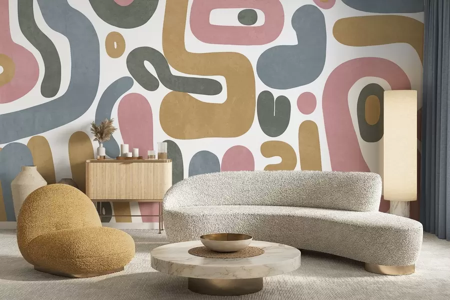 τοιχογραφίες Αφηρημένα σχήματα με υφή σε παστέλ ροζ, απαλό μπλε, κίτρινο μουστάρδα και γκρι σε λευκό φόντο μοντέρνα τέχνη w09620