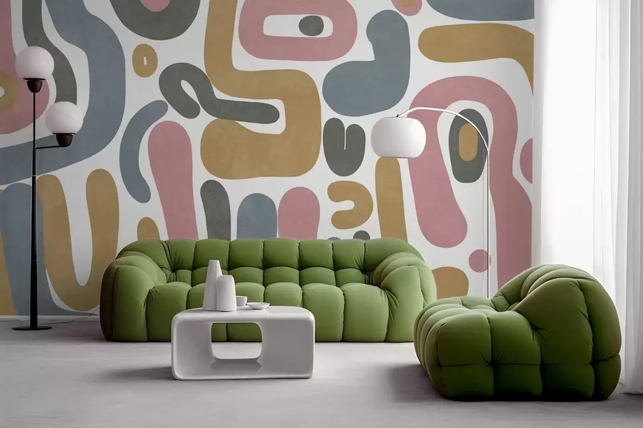 τοιχογραφίες Αφηρημένα σχήματα με υφή σε παστέλ ροζ, απαλό μπλε, κίτρινο μουστάρδα και γκρι σε λευκό φόντο μοντέρνα τέχνη w09620