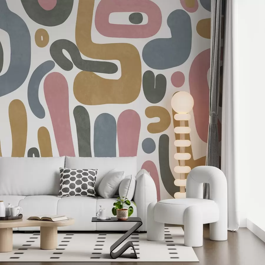 τοιχογραφίες Αφηρημένα σχήματα με υφή σε παστέλ ροζ, απαλό μπλε, κίτρινο μουστάρδα και γκρι σε λευκό φόντο μοντέρνα τέχνη w09620
