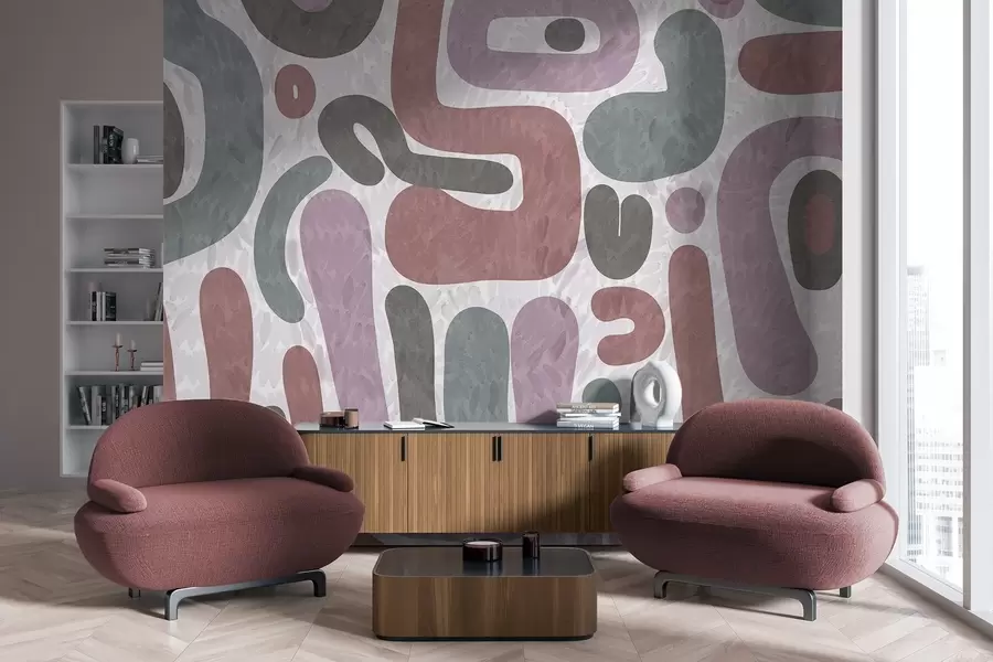 τοιχογραφίες Αφηρημένα σχήματα με υφή σε απαλούς ροζ, πράσινους και γκρι τόνους, σε φόντο με υφή μοντέρνας τέχνης w09622
