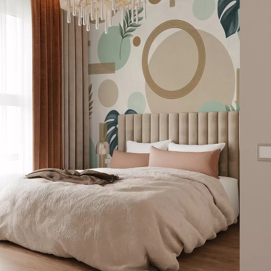 τοιχογραφίες Γεωμετρικό μοτίβο με φύλλα σε πράσινη παλέτα w05018v1