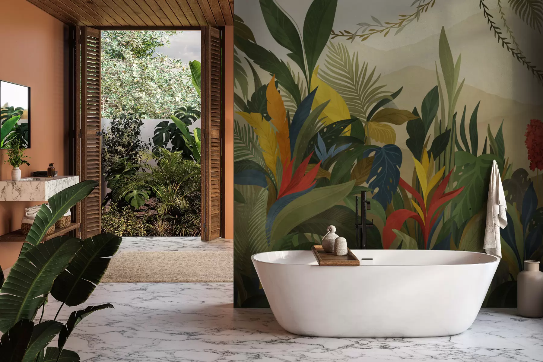 τοιχογραφίες Τροπικό φύλλωμα με μεγάλα φύλλα και λουλούδια w05019