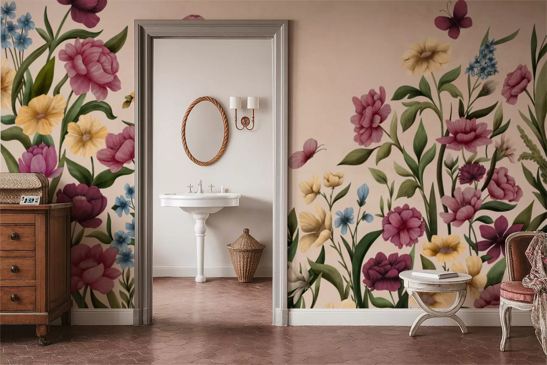 τοιχογραφίες Λουλουδάτη σύνθεση με φυτά και πεταλούδες σε ανοιχτόχρωμο φόντο w05072