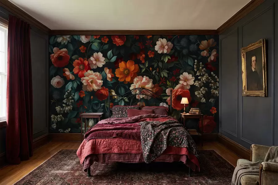 τοιχογραφίες Σκούρο floral μοτίβο με πλούσια λουλούδια κήπου w05087