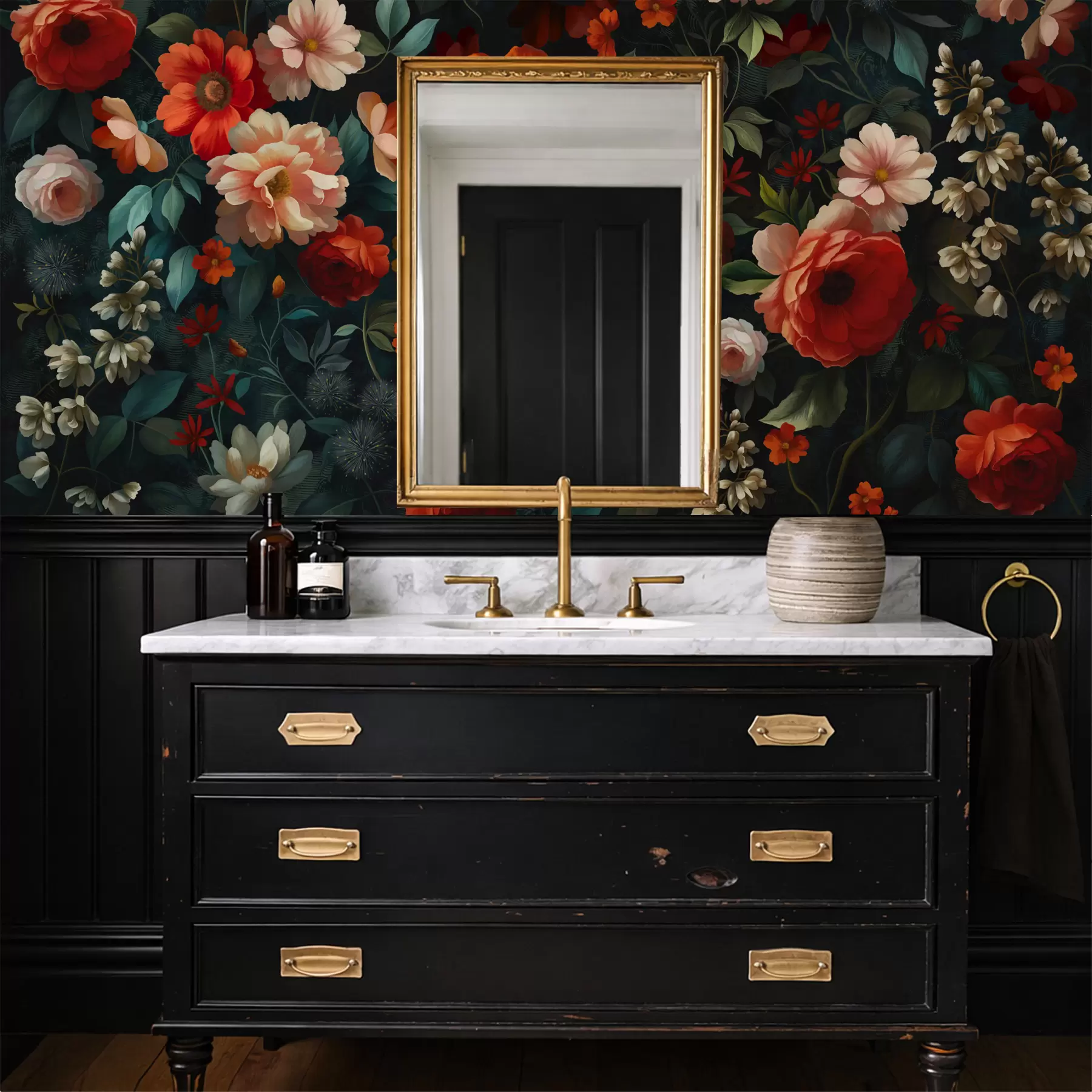 τοιχογραφίες Σκούρο floral μοτίβο με πλούσια λουλούδια κήπου w05087