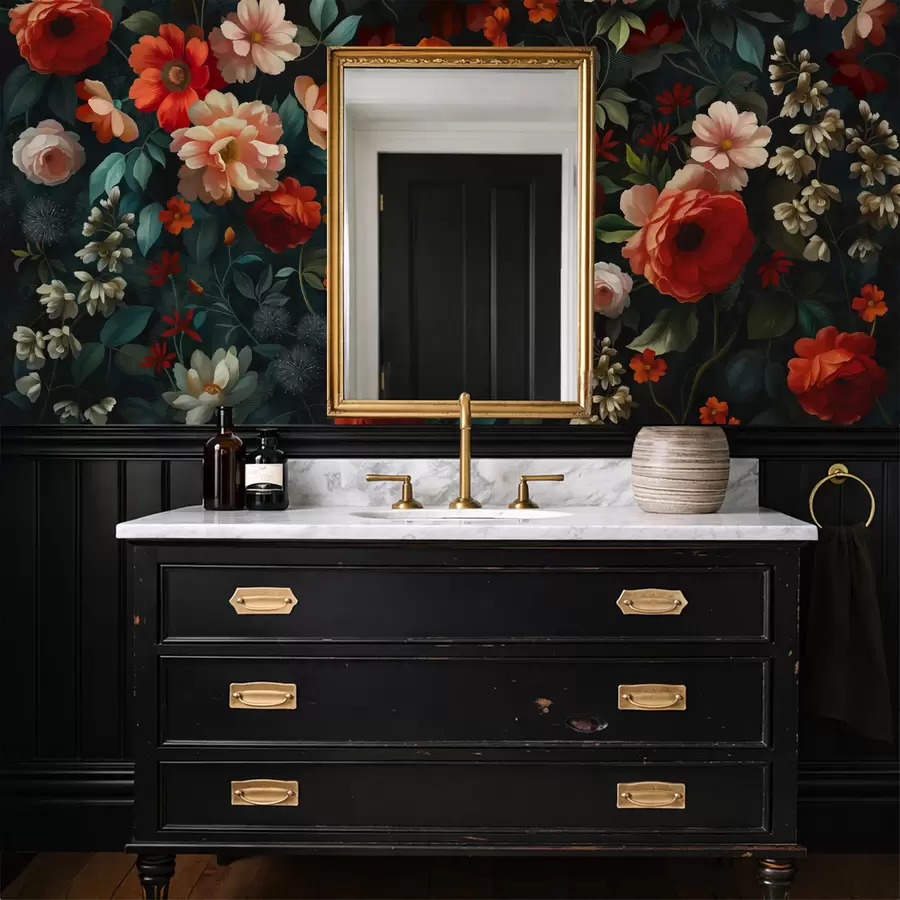 τοιχογραφίες Σκούρο floral μοτίβο με πλούσια λουλούδια κήπου w05087