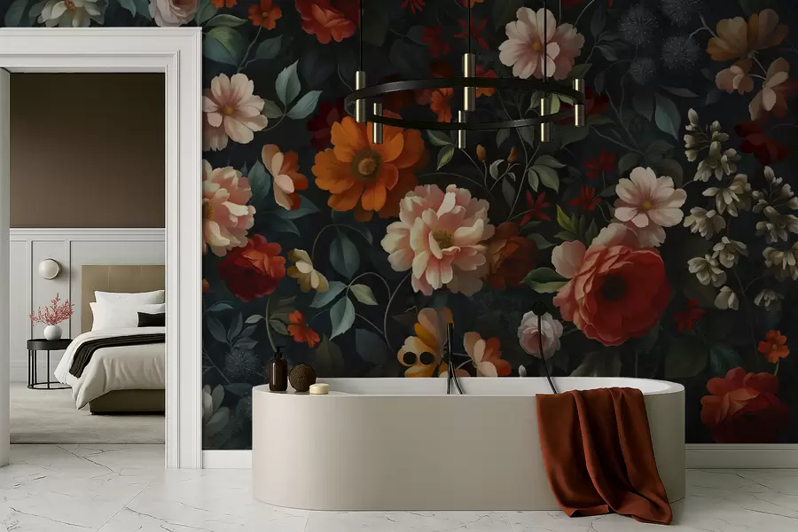 τοιχογραφίες Σκούρο floral μοτίβο με πλούσια λουλούδια κήπου w05087