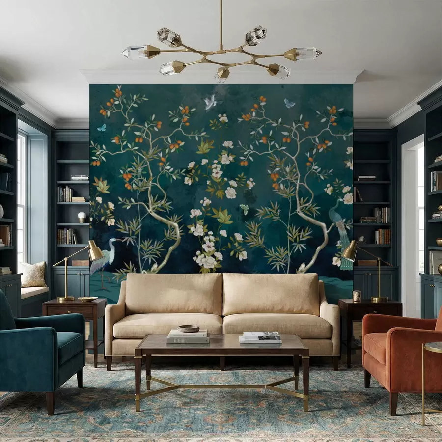 τοιχογραφίες Διακοσμητική σκηνή με δέντρα, λουλούδια και πουλιά σε σκούρο φόντο w05004