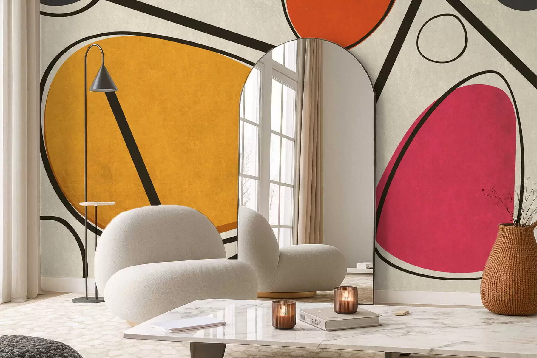 τοιχογραφίες Αφηρημένα σχήματα και γραμμές με έντονα χρωματικά πεδία w05017