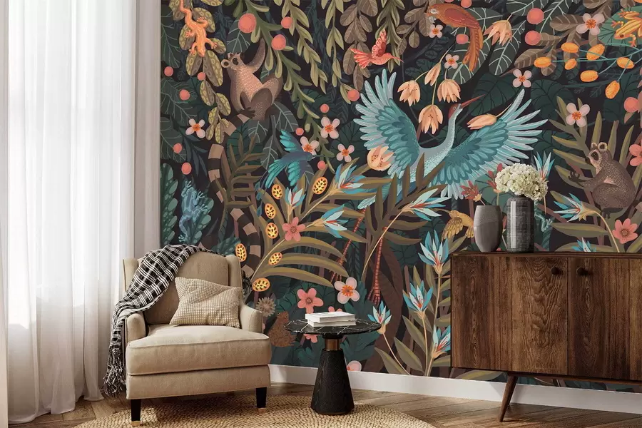 τοιχογραφίες Φανταστική σκηνή με πουλιά και ζώα ανάμεσα σε φυτά w05024