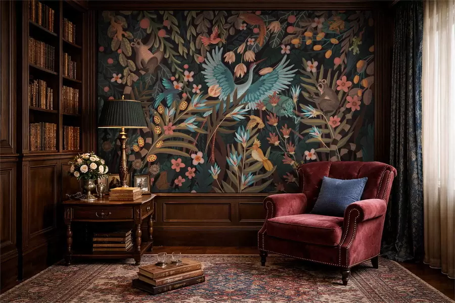 τοιχογραφίες Φανταστική σκηνή με πουλιά και ζώα ανάμεσα σε φυτά w05024