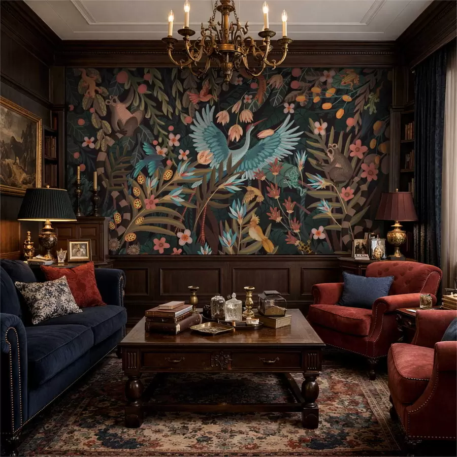 τοιχογραφίες Φανταστική σκηνή με πουλιά και ζώα ανάμεσα σε φυτά w05024