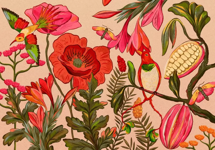 τοιχογραφίες Διακοσμητικά λουλούδια και πουλιά σε μπεζ φόντο w05036