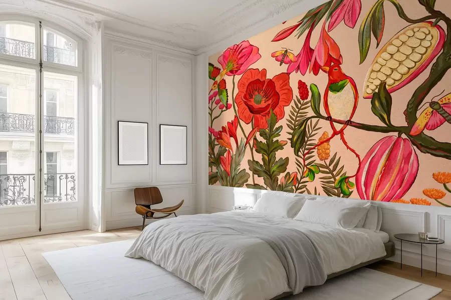 τοιχογραφίες Διακοσμητικά λουλούδια και πουλιά σε μπεζ φόντο w05036