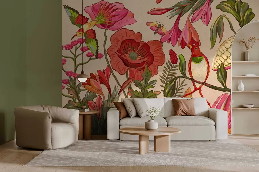 τοιχογραφίες Διακοσμητικά λουλούδια και πουλιά σε μπεζ φόντο w05036