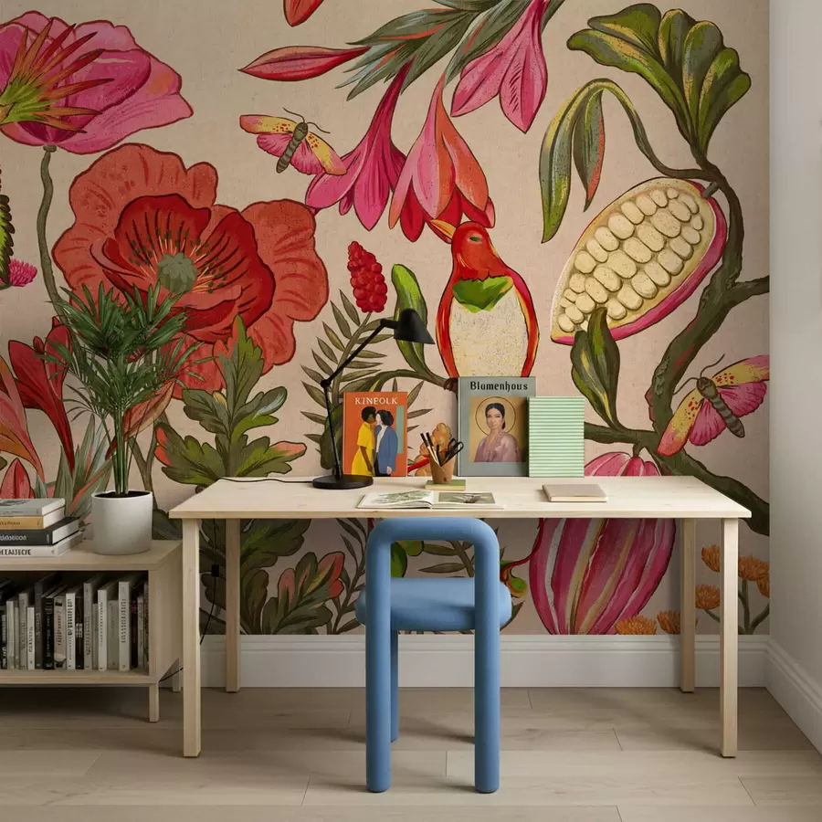 τοιχογραφίες Διακοσμητικά λουλούδια και πουλιά σε μπλε φόντο w05036