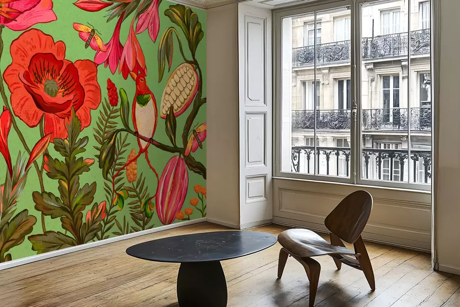 τοιχογραφίες Διακοσμητικά λουλούδια και πουλιά σε πράσινο φόντο w05036v1