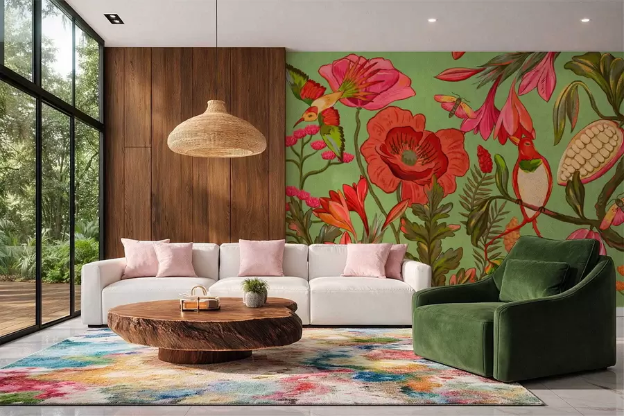 τοιχογραφίες Διακοσμητικά λουλούδια και πουλιά σε πράσινο φόντο w05036v1