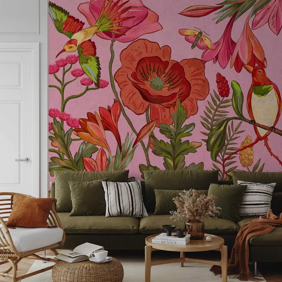 τοιχογραφίες Διακοσμητικά λουλούδια και πουλιά σε ροζ φόντο w05036v2