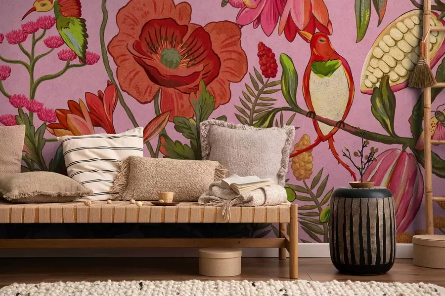 τοιχογραφίες Διακοσμητικά λουλούδια και πουλιά σε ροζ φόντο w05036v2