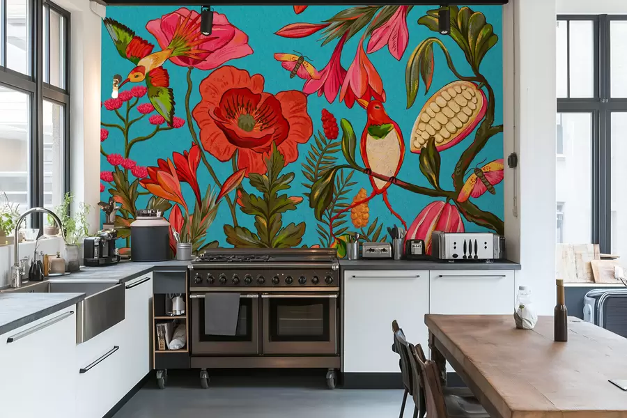 τοιχογραφίες Διακοσμητικά λουλούδια και πουλιά σε μπλε φόντο w05036v3