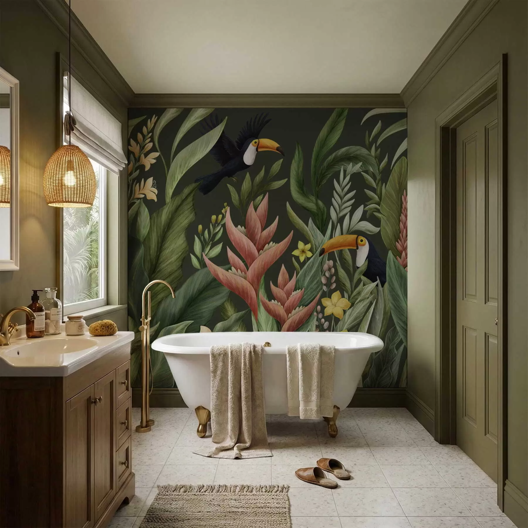 τοιχογραφίες Τροπικά φυτά και πουλιά με μεγάλα ράμφη σε ανοιχτόχρωμο φόντο w05088