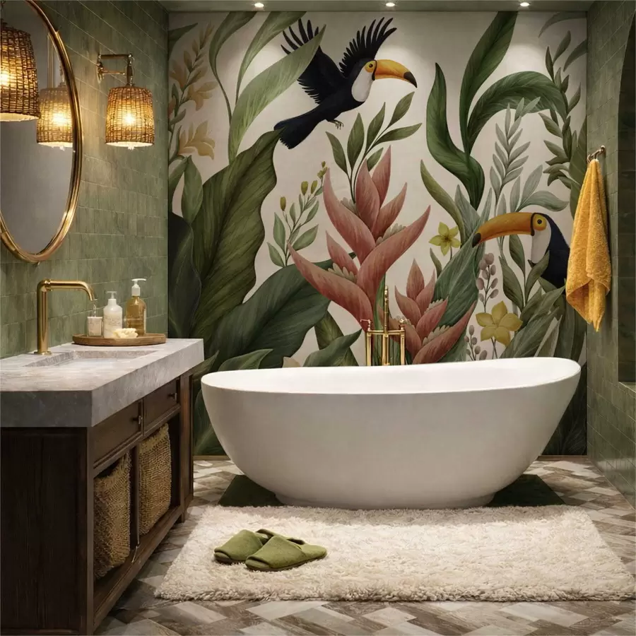 τοιχογραφίες Τροπικά φυτά και πουλιά με μεγάλα ράμφη σε ανοιχτόχρωμο φόντο w05088v1