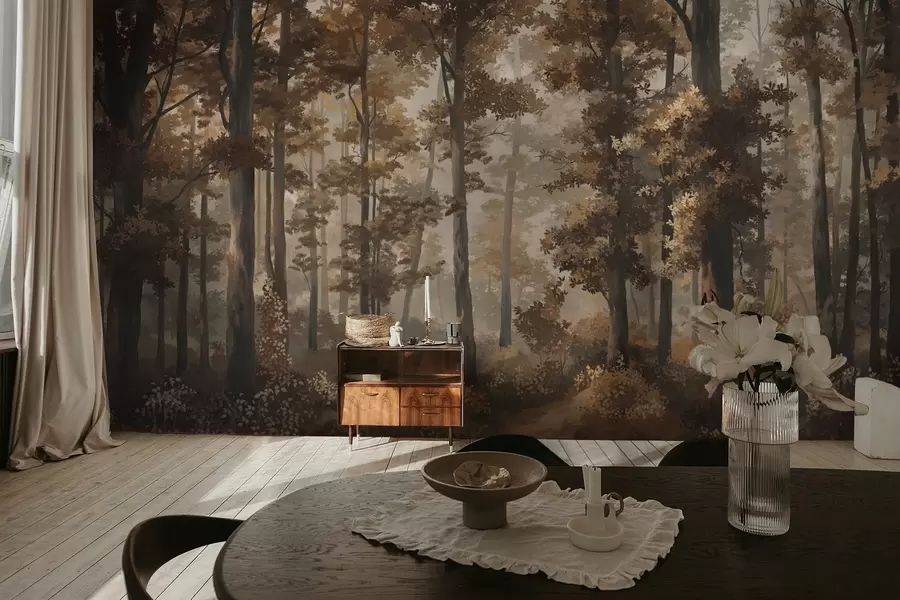 τοιχογραφίες Φθινοπωρινή δασική σκηνή με ζεστό φως και πυκνά δέντρα w05089v1