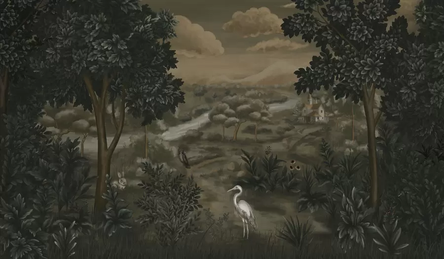 τοιχογραφίες Φανταστικό τοπίο με ποτάμι, σπίτι και πουλιά ανάμεσα στα δέντρα w05090