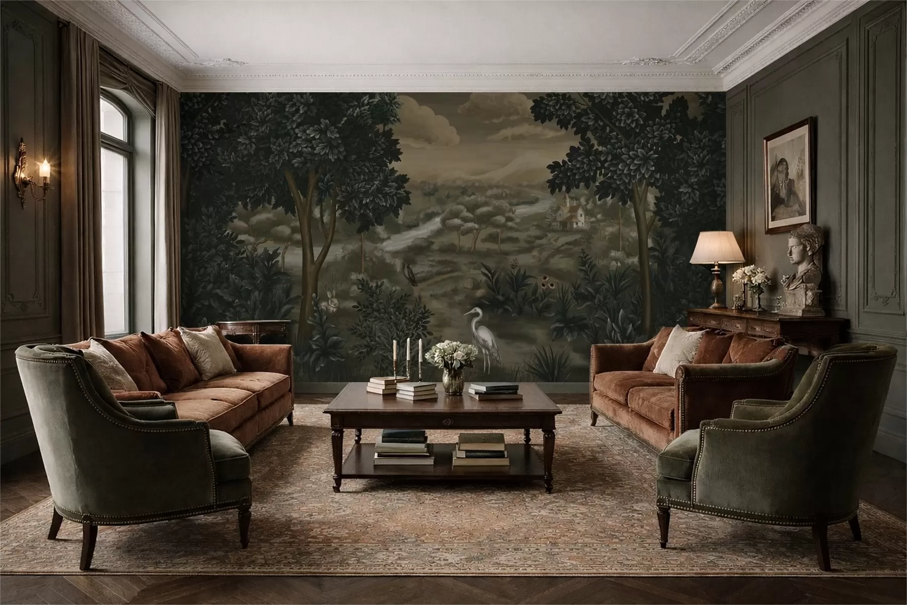 τοιχογραφίες Φανταστικό τοπίο με ποτάμι, σπίτι και πουλιά ανάμεσα στα δέντρα w05090