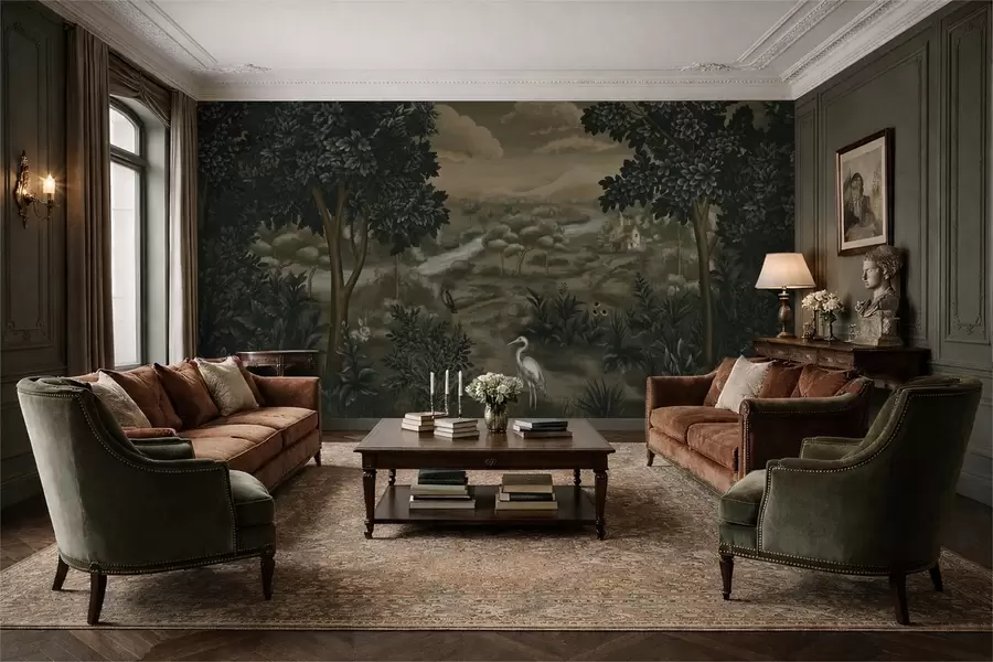 τοιχογραφίες Φανταστικό τοπίο με ποτάμι, σπίτι και πουλιά ανάμεσα στα δέντρα w05090