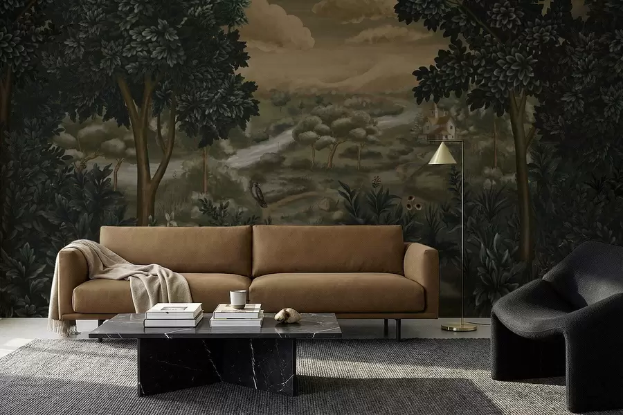 τοιχογραφίες Φανταστικό τοπίο με ποτάμι, σπίτι και πουλιά ανάμεσα στα δέντρα w05090