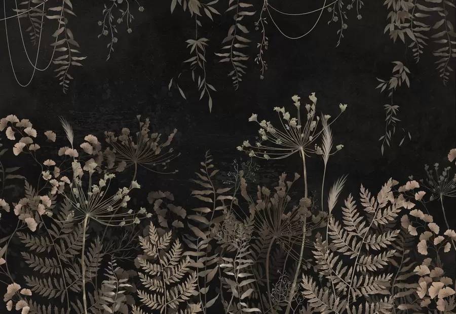 τοιχογραφίες Σκούρο βοτανικό μοτίβο με λουλούδια και φύλλα w05092
