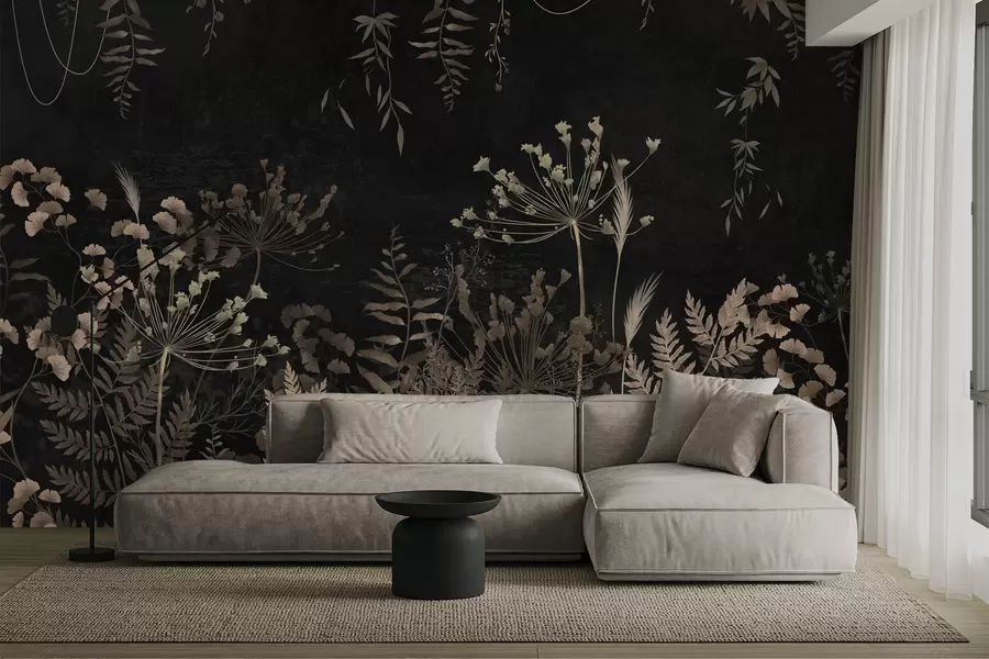 τοιχογραφίες Σκούρο βοτανικό μοτίβο με λουλούδια και φύλλα w05092
