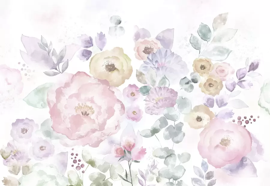 τοιχογραφίες Απαλή σύνθεση ακουαρέλας με λουλούδια και φύλλα w05093