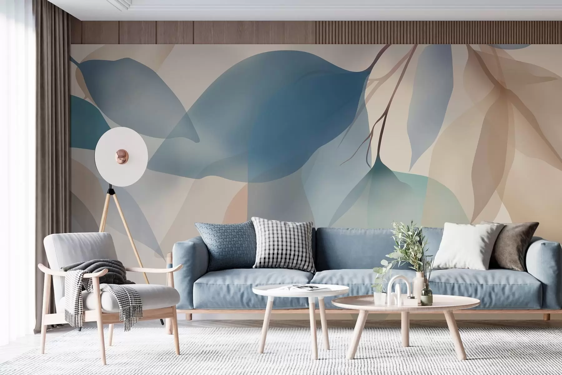 τοιχογραφίες κομψά ημιδιαφανή φύλλα σε αποχρώσεις του μπλε και του μπεζ w05060