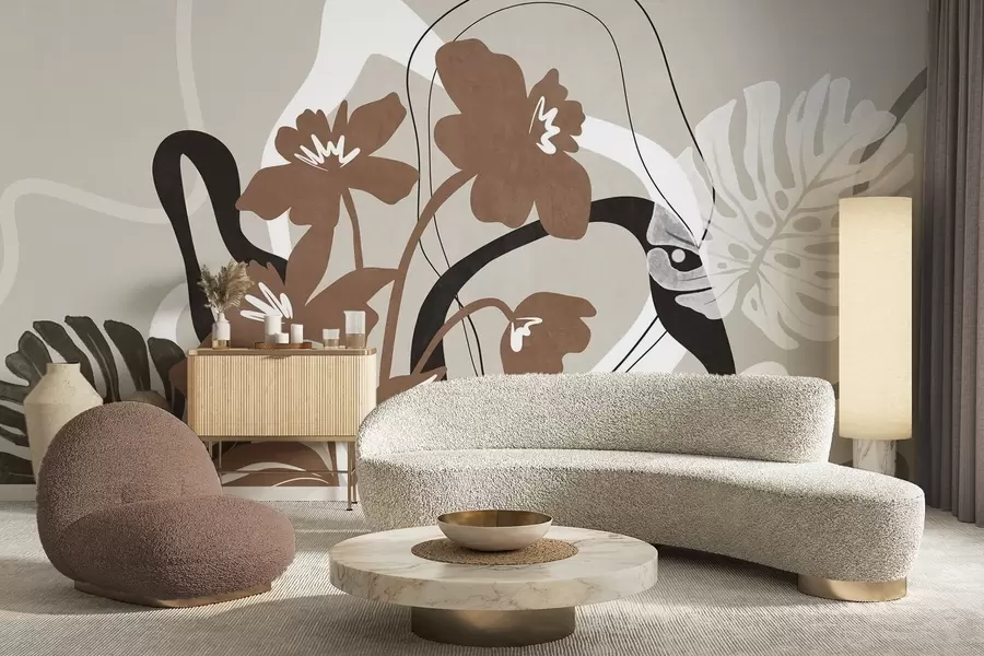 τοιχογραφίες Αφηρημένα καφέ λουλούδια με λευκά και μαύρα σχήματα σε μπεζ φόντο, μινιμαλιστική τέχνη w09645v1