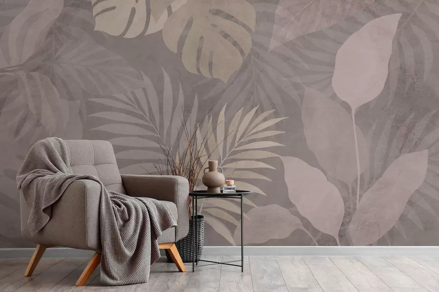 τοιχογραφίες υφή τροπικών φύλλων σε γκρι φόντο w05063v1